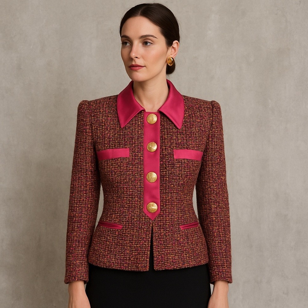 Ruty Paris Made in France Bouclé Tweed‎ Blazer Pink Satin Trim Gold Buttons 44